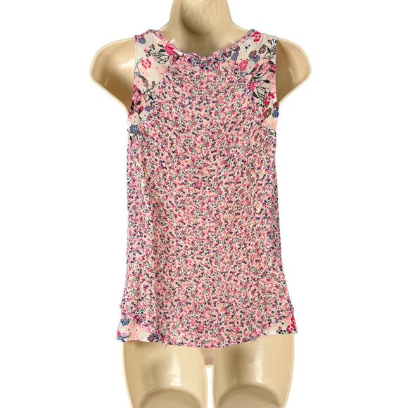 French Connection Top Womens 2 White Pink Multi Floral Chiffon Raw Edge Tank - Picture 5 of 9